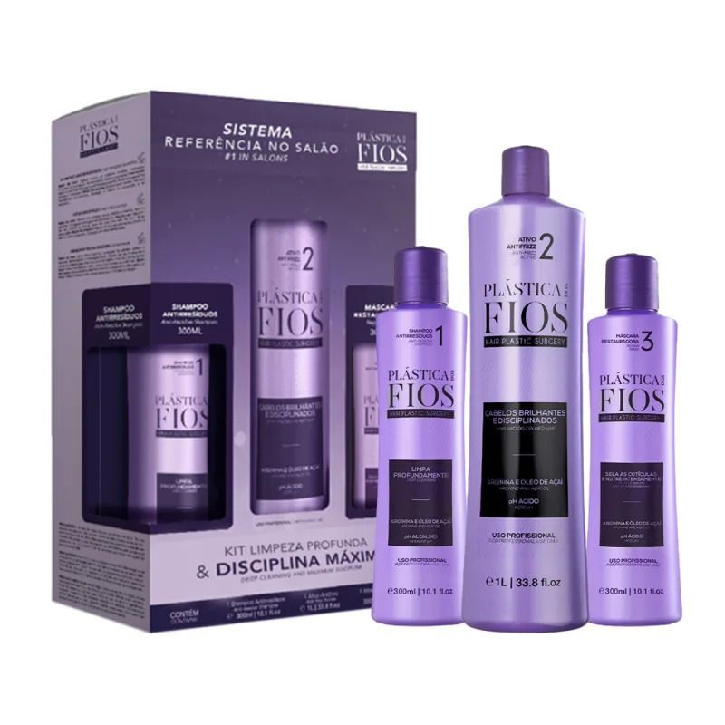 KIT PLÁSTICA DOS FIOS – SHAMPOO ANTIRRESÍDUO 300ML + LISO MÁXIMO 1L + MÁSCARA RESTAURADORA 300ML